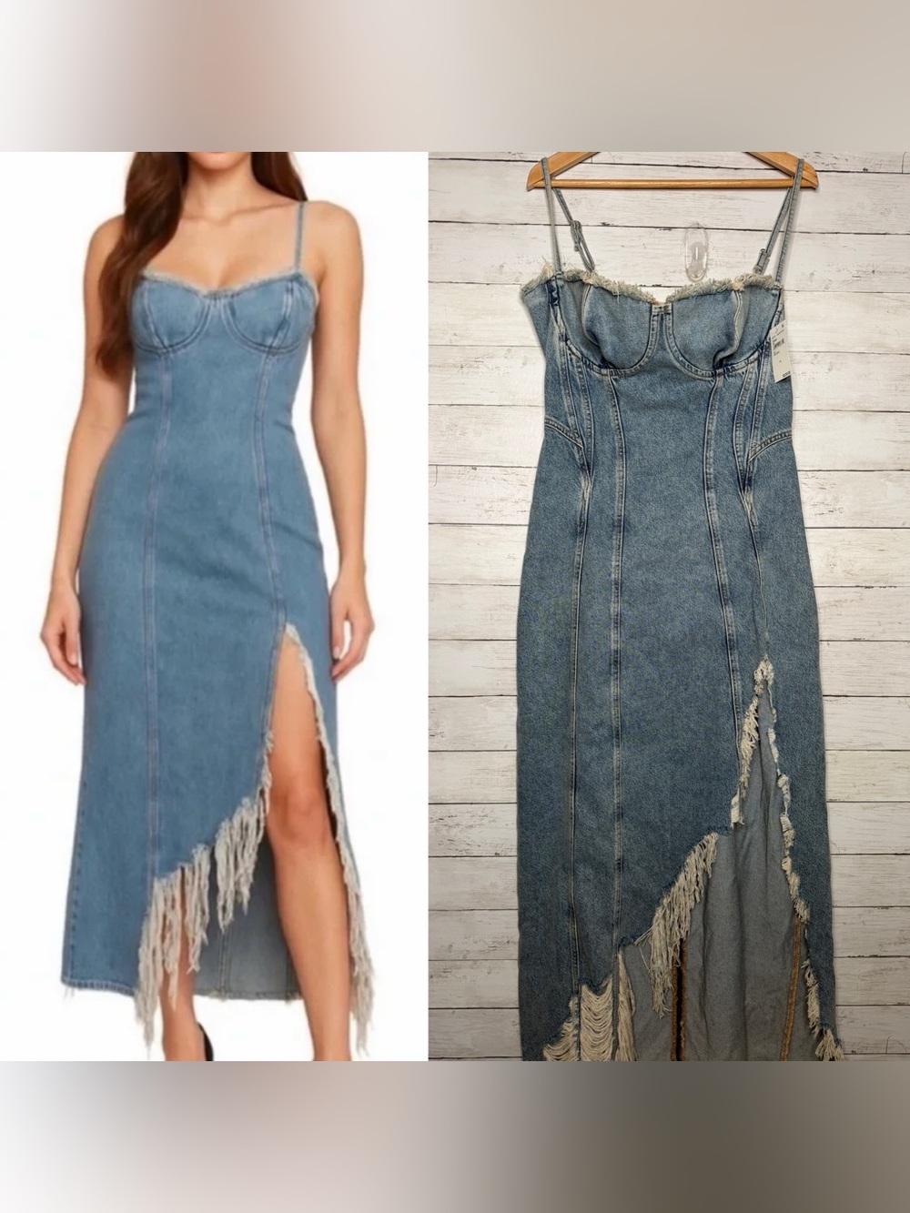Good American Maxi Shredded Denim Corset-Style Front Dress NWT western Fringe